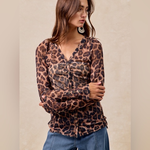 BiBi Leopard Printed Mesh Shirt With Button Up V Neck - Picture 1 of 9